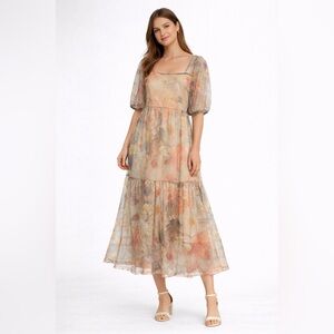 H&M Floral Mesh Puff Sleeve Midi Dress Romantic Cottagecore Size Small whimsical